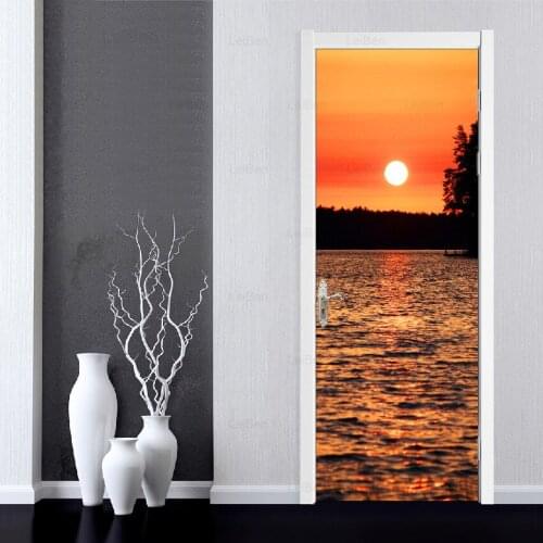 Self Adhesive 3d Door Stickers Sunset Dusk Lake Landscape Waterproof Wallpaper Home Decor Picture Art Renovation Living Room
