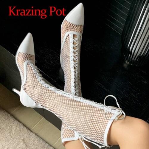 Krazing Pot spring summer season genuine leather air mesh pointed toe med heels fashion young lady lace up thigh high boots L53