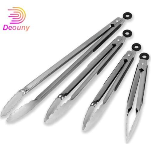 DEOUNY BBQ Tongs Silicone Non-Slip Handle Stainless Steel ​Fried ​Meat Food Salad Bread Clamp Multifunction Kitchen Accessorie