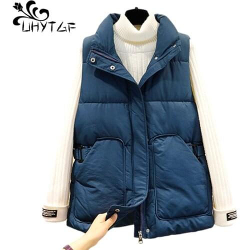 UHYTGF New Down Jacket Winter Vests For Women Fashion Pocket Casual Warm Tops Coats Korean Loose Plus Size Cotton Waistcoat 1428