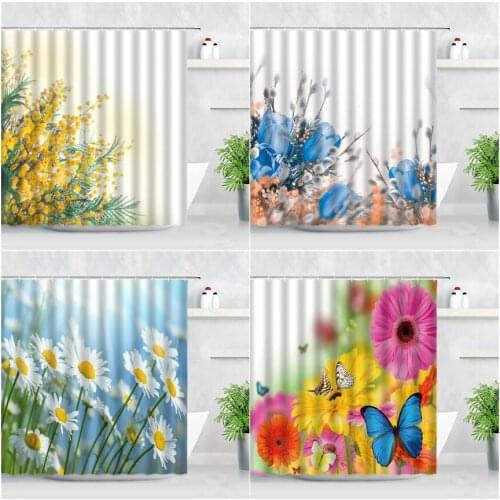 Spring Floral Shower Curtains Yellow Flowers White Daisy Blue Tulips Butterfly Natural Scenery Modern Decor Bathroom Curtain Set
