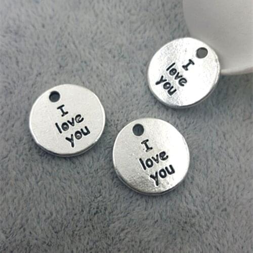 High Quality 20 Pieces/Lot Diameter 15mm Antique Silver Plated Letter Printed I love You Small Tag Love Charms For Diy Making