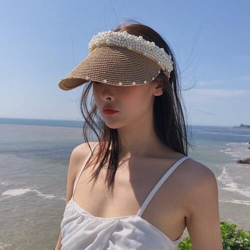 Hollow Hat Womens Summer Hand-made Pearl Sun Hat Korean Fashion Big Edge Beach Sun Hat Summer