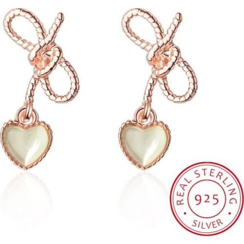 Sweet Hollow Bowknot Opal Heart 925 Sterling Silver Earrings For Women Oorbellen Pendientes S-e774