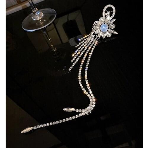 Minar High Street Big Crystal Flower Dangle Earrings for Women Ladies Long Bling Bling Rhinestone Tassel Earrings Accessories