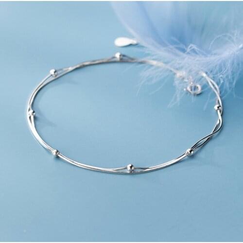 Foot Bracelet Women Jewelry 925 Sterling Silver Ankle Double Layer Leg Snake Chain Beads 21 CM Adjustable Gift S3351