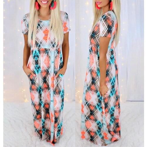 Womens Casual Short Sleeves O-neck Maxi Dress Womens Summer Straight Print Ankle Length Long Dresses Comfortable Smooth Dress