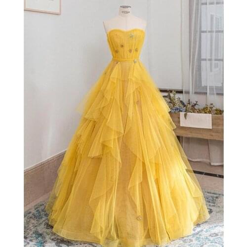 Yellow Evening Dress 2021 Special Occasion Tulle Tired Hand Made Crystal Flowers Famous Designer Sweep Train Formal Party Gowns