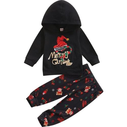2Pcs Kids Christmas Tracksuits, Cartoon Print Hooded Long Sleeve Sweatshirt + Elastic Waist Pants for Girls, Boys, 3-24 Months