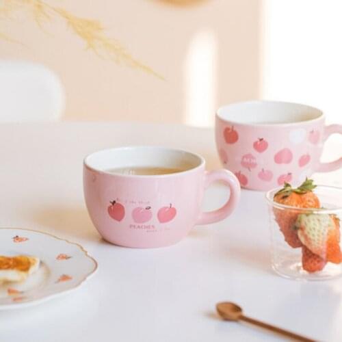 340ml Japanese Style Peach Ceramic Oatmeal Milk Cup Girl Breakfast Oatmeal Cup Custom Mug Pink Mini Three-dimensional Interior