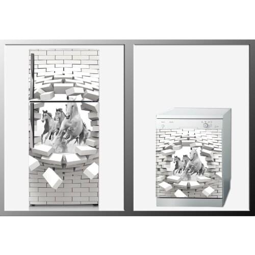 3D Fridge Sticker Horses Running Refrigerator Dishwasher Door Cover Kitchen Home Decoration Accessories Modern 3d Wall Stickers