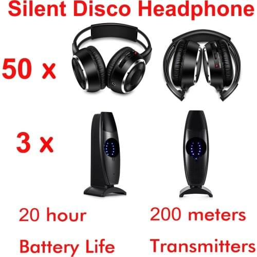 Silent Disco complete system black folding wireless headphones - Quiet Clubbing Party Bundle (50 Headphones + 3 Transmitters)