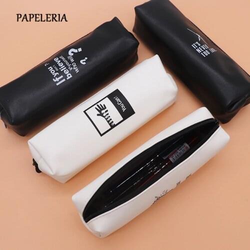 Concise Black Pencil Case School Cute Leather Pencil Bag School Supply Stationery Gift for Girl Small Pencill Box Pencilcase