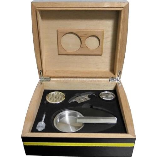 COHIBA Business Black Cedar Wood Cigar Humidor Set Cutter Ashtray Piano Finish Hygrometer Office & Home And Travel