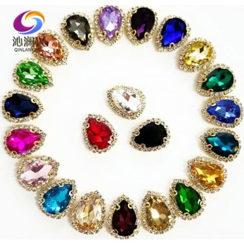 Mix color 10pcs/pack Golden bottom Top grade Glass Crystal buckle,Drop shape sew on rhinestones,Diy wedding decoration SWSK00
