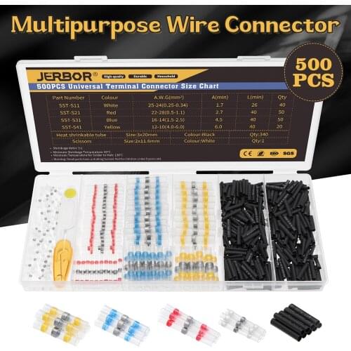 JERBOR 500PCS Waterproof Sleeve Solder Seal Wire Connectors Heat Shrink Tubings Kit Cable Terminal Tool Assortment Set