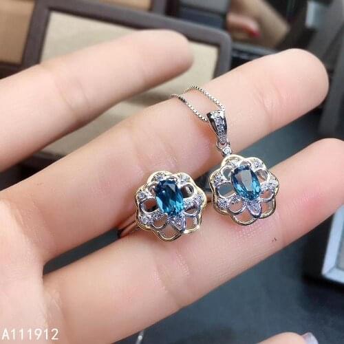 KJJEAXCMY fine jewelry natural blue topaz 925 sterling silver women gemstone pendant necklace ring set support test exquisite