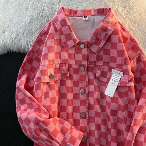 Korean Chic Streetwear Women Jackets Vintage Harajuku Ulzzang Oversize Plaid Jacket Japanese Preppy Style Female Demin Coats