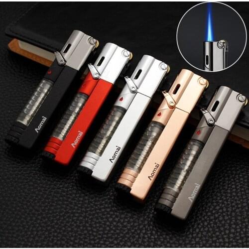 Creative Long Windproof Straight Butane Gas Lighter Personality Grinding Wheel Lighter Point Cigar Outdoor Barbecue Igniter