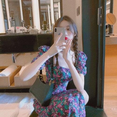 Summer 2021 Can Be Salted And Sweet Small Fragrance French Platycodon Hepburn Style Purple Floral Square Neck Split Dress