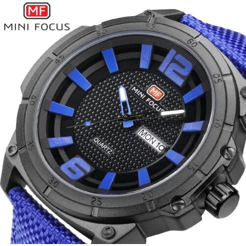 Fashion Blue Sport Mens Watches Week Date Big Dail 3 ATM Waterproof Wristwatch Male Luxury Gift for Boyfriend Mini Focus136 NEW