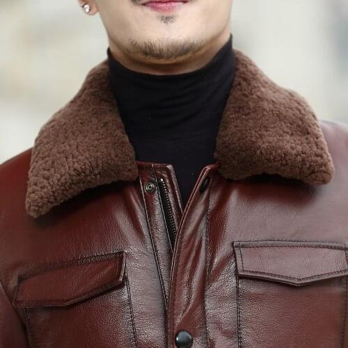 Genuine Cow Jacket Men Autumn Winter Down Coat Male Wool Collar Brown Cowhide Leather Jackets and Coats KJ1383