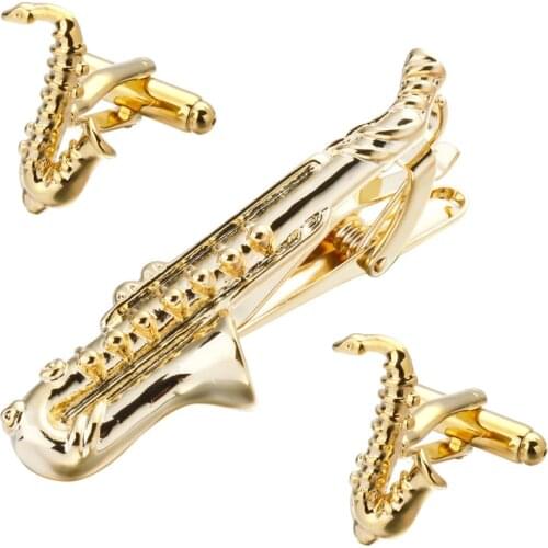 A set of high quality musicians Sax gold tie clip Cufflinks Gift Set men tie shirt Cufflinks Tie Clip Wedding Jewelry Box