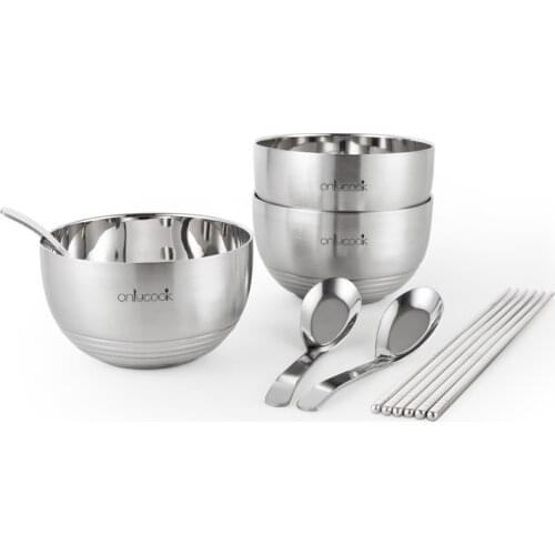 Stainless Steel Bowl Kitchen Cutlery Set Tableware Chopsticks Spoon Three-piece Double Layer Rice Bowl Anti-fall Insulation Bowl