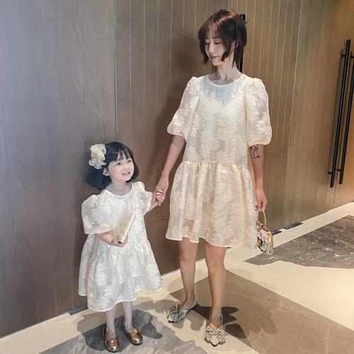 2021 Summer New Parent-Child Wear Girls Round Neck Lace Puff Sleeve Dress