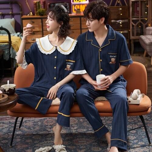 New Couple Pajamas Spring Autumn Short-sleeved Trousers Japanese Korean Men Women Couples Thin Home Service Two-piece Suit