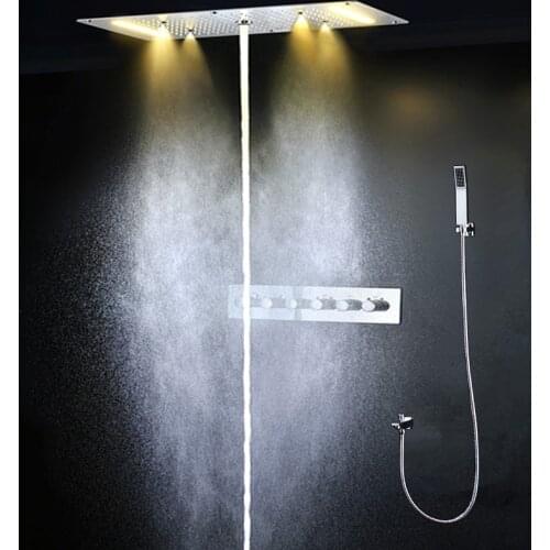 Bathroom Ceiling LED Shower Panel Mist Spray Rainfall Waterfall Shower Head Set Thermostatic Mixer Shower Faucets 380x700mm
