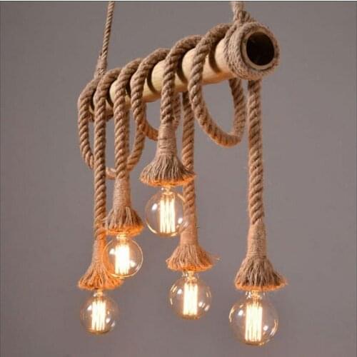 Industrial Retro Bamboo Rope Chandelier Lighting 3-10 Heads Vintage Hemp Tube Kitchen LED Hanging Lamps Restaurant pendant lamp