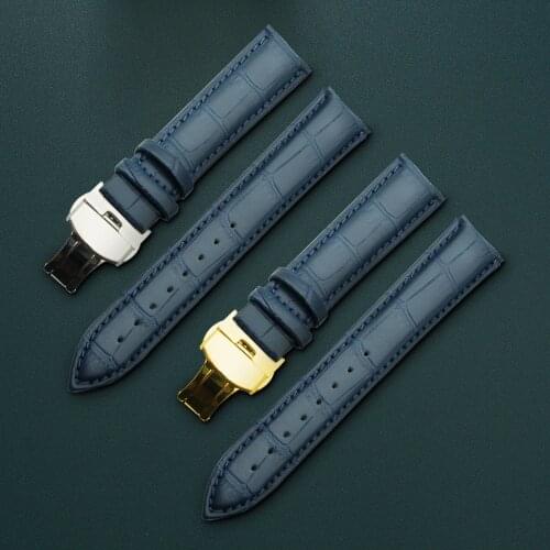 Genuine cowhide strap Double press double press butterfly buckle Slub pattern cowhide blue