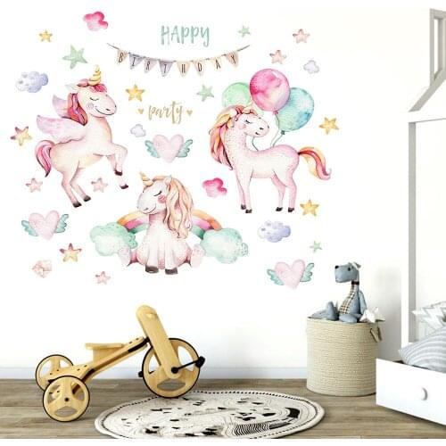 Girls Pink Home Decor DIY Cartoon Unicorn Wall Stickers Mural Decals Kids Bedroom Nursery Vinyl Decorated Wallpaper Decoration