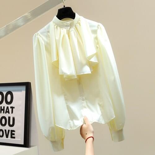 Ruffled Stand Collar Shirt Women 2021 Spring Korean Style Loose Long Sleeve Fashion Elegant Puff Sleeve Solid Color Blouse Blusa