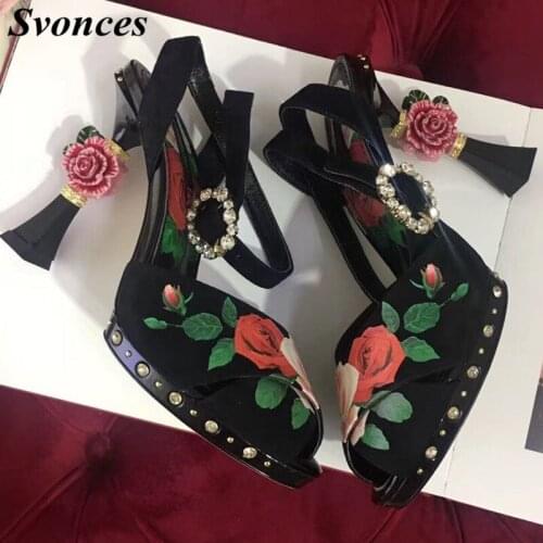 Sandalias Mujer 2020 Luxury 3D Flower Heel Platform Sandals Rhinstones Stiletto High Heels Black Floral Party Shoes Woman Size42
