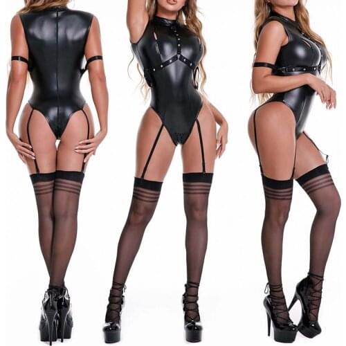 Sexy Lingerie Women Bodysuit Garter Stockings Faux Leather Zipper Open Crotch Rompers Exotic Latex Jumpsuit Dancewear Playsuit