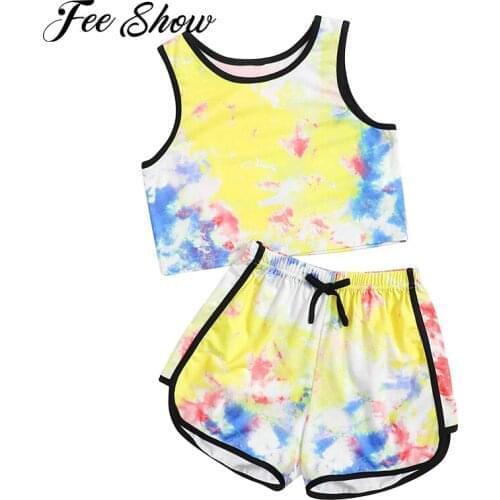 Colorful 2Pcs Kids Girls Boys Summer Casual Sports Suit Tie Dye Print Sleeveless Vest and Elastic Waist Shorts Running Sport Set