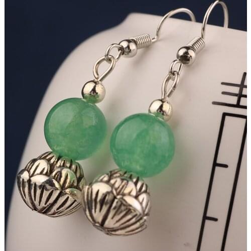 Vintage natural stone green chalcedony drop earrings for women and girl jewelry
