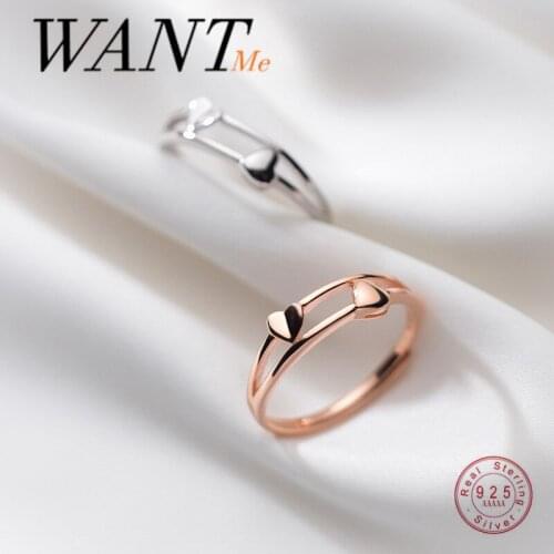 WANTME Real 925 Sterling Silver Minimalist Romantic Double Love Heart Opening Finger Ring for Women Wedding Anniversary Jewelry