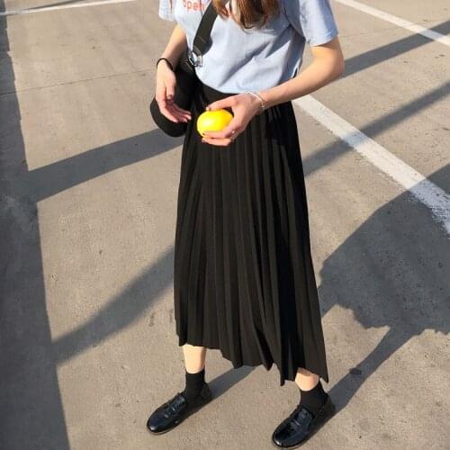 WERUERUYU 2019 Color Women Skirt Long Pleated s Spring Summer Elastic Waist Solid Elegant Chiffon Holiday