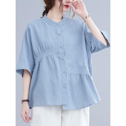 Women Cotton Loose Casual Shirts New 2021 Summer Simple Style Vintage Stand Collar Solid Color Female Half Sleeve Tops B426