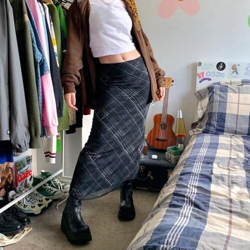 Women Casual Long Skirt Black Plaid Printed Pattern High Waist Close-fitting Dress S/ M/ L