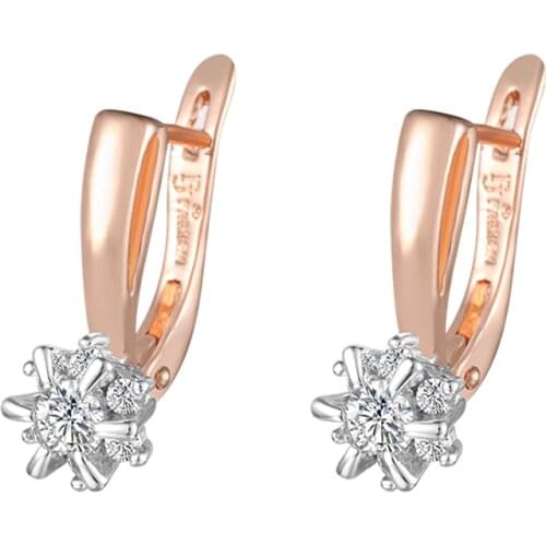 FJ Women Stick Flowers 585 Rose Gold Color Cubic Zircon Drop Dangle Earrings