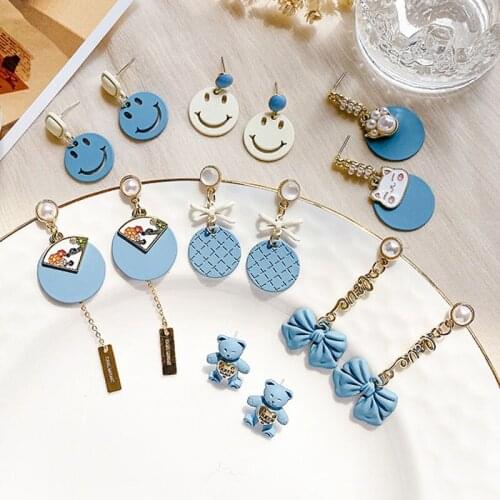 Simple Blue Earrings For Women Fashion Jewelry Cool Summer Accessories Female Drop Earring Bow Bear Round Pendant Ears