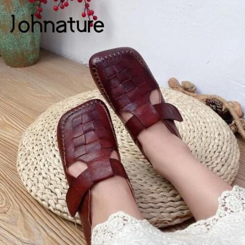 Johnature Genuine Leather Flats Women Shoes Hook & Loop 2021 New Spring/Autumn Square Toe Handmade Shallow Leisure Ladies Shoes