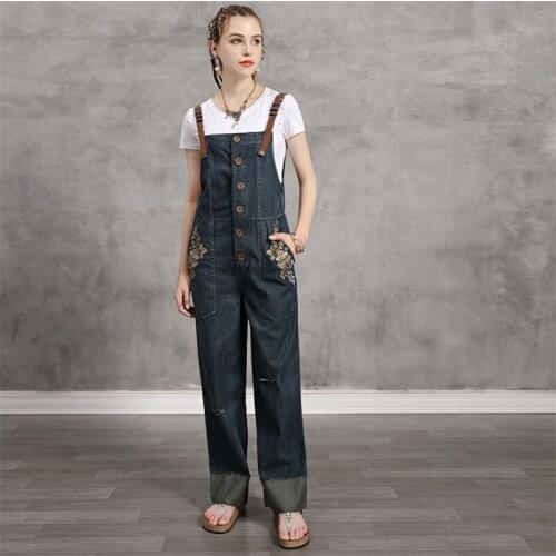 Women Denim Jumpsuit 2020 Vintage Bodysuit Adjustable Shoulder Flower Embroidery Single Breasted Jumpsuits A2218