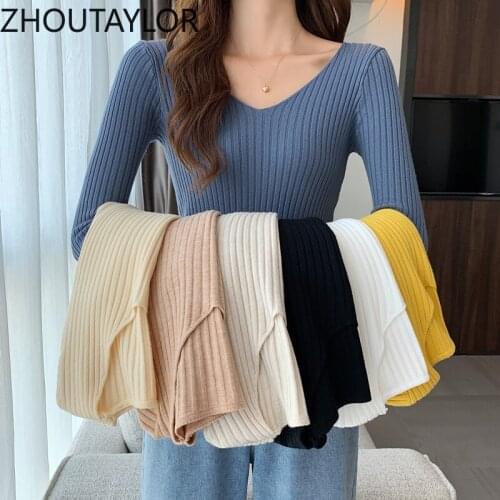 ZHOUTAYLOR Woman Sweaters Sweet V-Neck Full Sleeve Fashion Tops Female Office Lady Elegant Autumn New 2021 Pullovers Femme