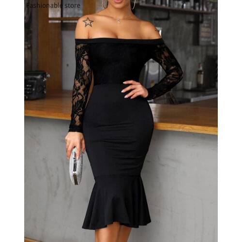 Women Off Shoulder Lace Sleeve Bodycon Party Dress Sexy Slash Neck Ruffles Black Mermaid Dress