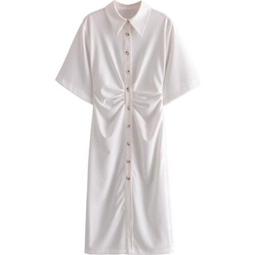 Women Solid Color Elegant Shirt Dress Batwing Short Sleeve Turn Down Collar Dresses Female Pleated Button Up Sundress